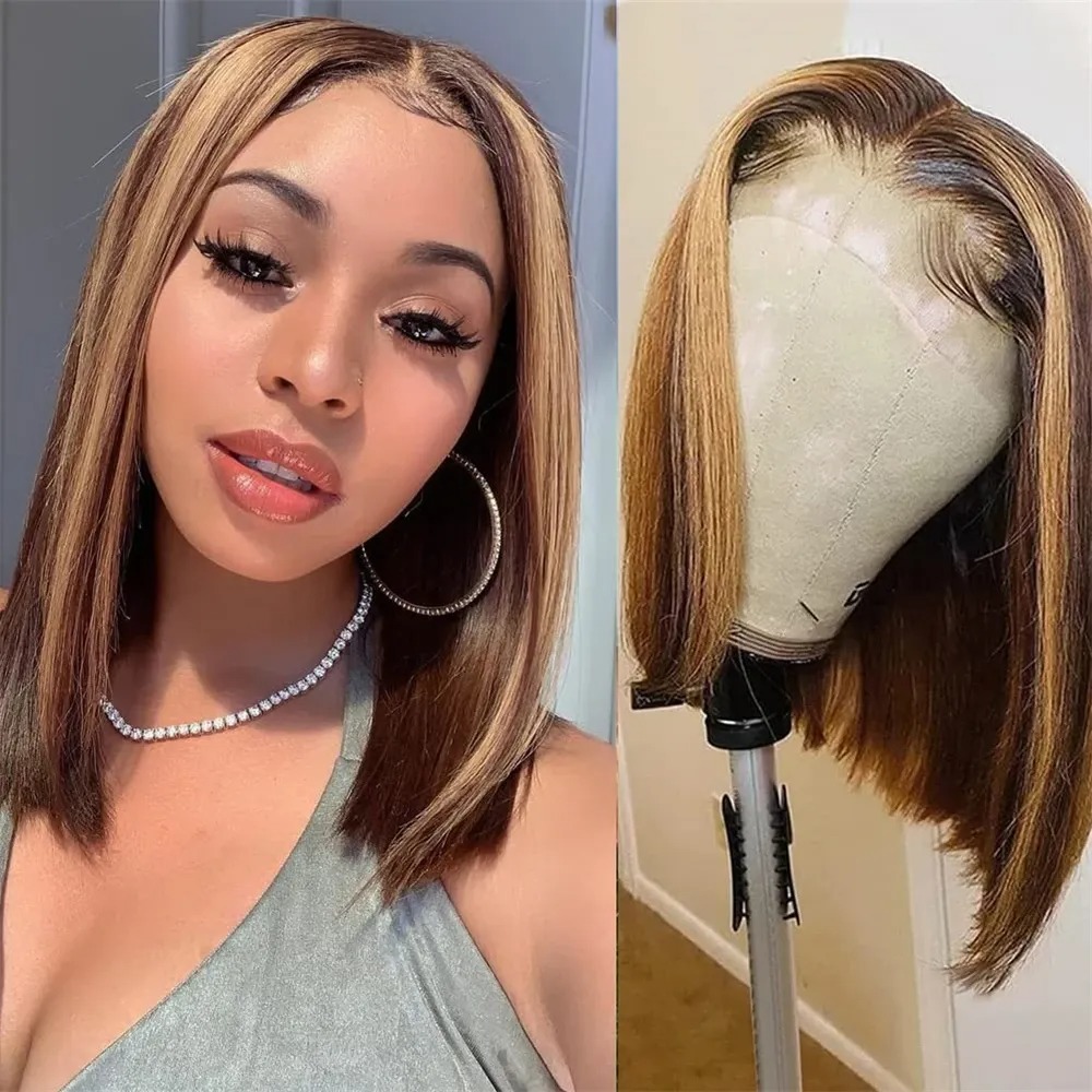Pre Parted 13X4 Lace Front Bob Wig - Parrucca bionda con mèches, parrucca corta